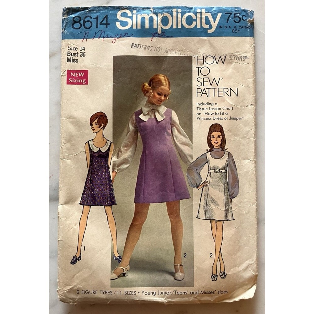 Vintage 1969 Misses Jumper Dress Blouse Simplicity 8614 Size 14 Bust 36 CUT